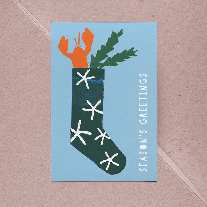 Flat Card – Lobster Stocking – Wholesale for wholesale by Kautzi Illustrations