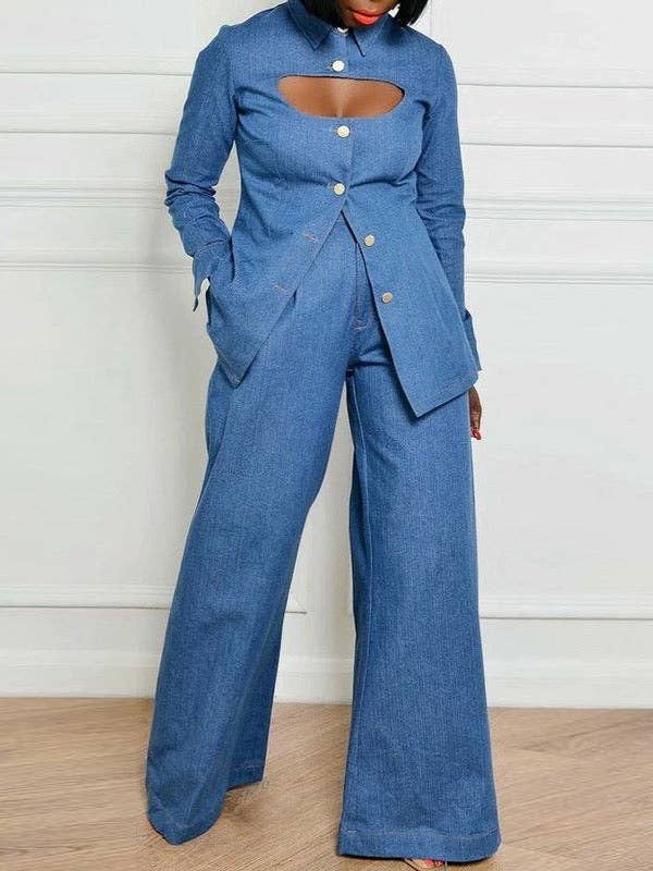 DENIM BLUE High-Waisted Jeans with Pockets and Lapel Blouse Sets for wholesale on Faire