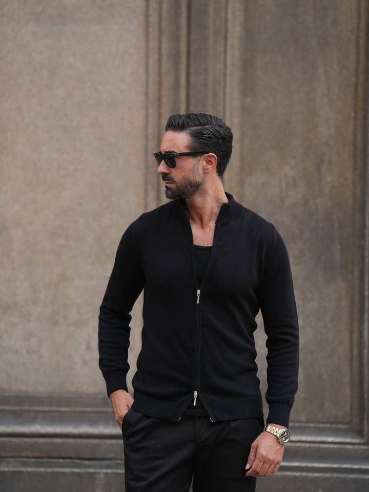 DONATO - Wholesale Cardigan - Men's - Black Zip Cardigan2