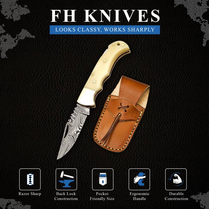 FH KNIVES - Wholesale Pocket Knife/Holder - 6.5' Handmade damascus folding knife, Pocket Knife4