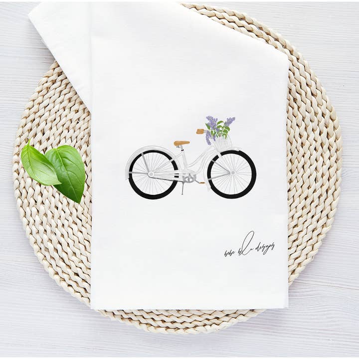 Bebe Blu Designs, LLC - Wholesale Tea Towel - Bicycle with Lilac Tea Towel, Cute Flour Sack Towel, Gift