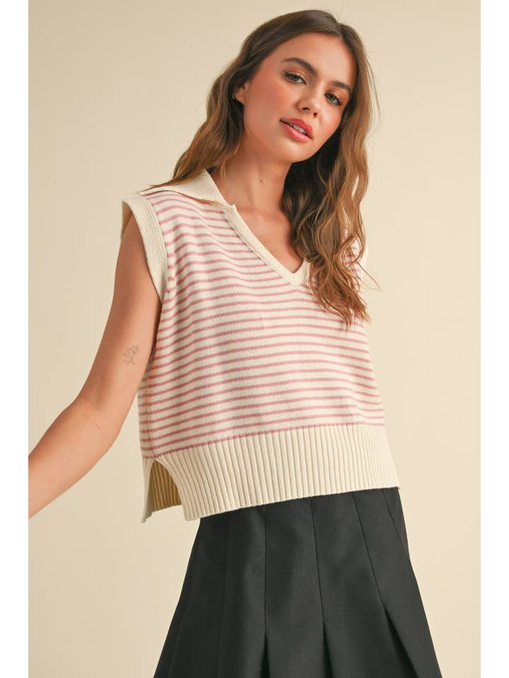 MIOU MUSE - Wholesale Knit Top - Women's - T3789 V-NECK STRIPE COLLAR KNITTED TOP