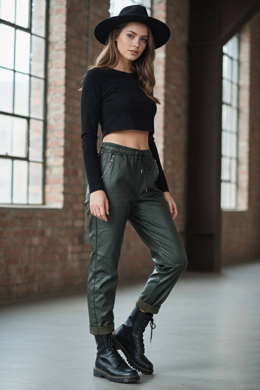 MOOYA - Vente Pantalon – femme - Pantalon similicuir métallisé détails strass I363233