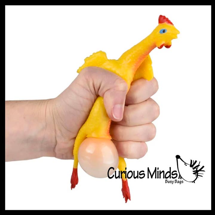 Curious Minds Toys - Wholesale Fidget Toy - Kids - 1 Large 7" Egg Laying Stretchy Rubber Chicken That Lays An E