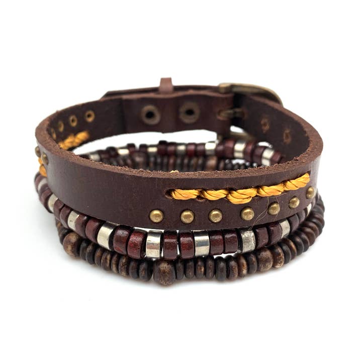 Aadi Bracelet Bundle Fivela bordada marrom, contas de madeira por atacado de Anju Jewelry