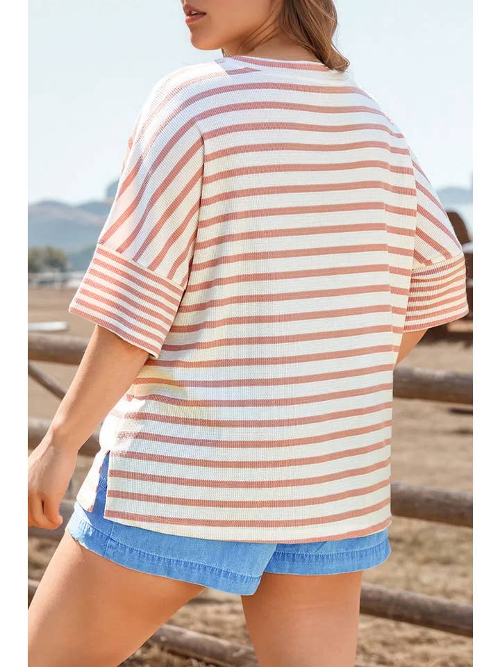 As shown Stripe Waffle Knit Pocket Half Sleeve Plus Size T Shirt for wholesale on Faire