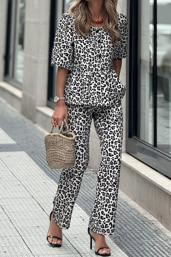 Multi Leopard Short Sleeves Top and Pants Set JRM088 for wholesale on Faire