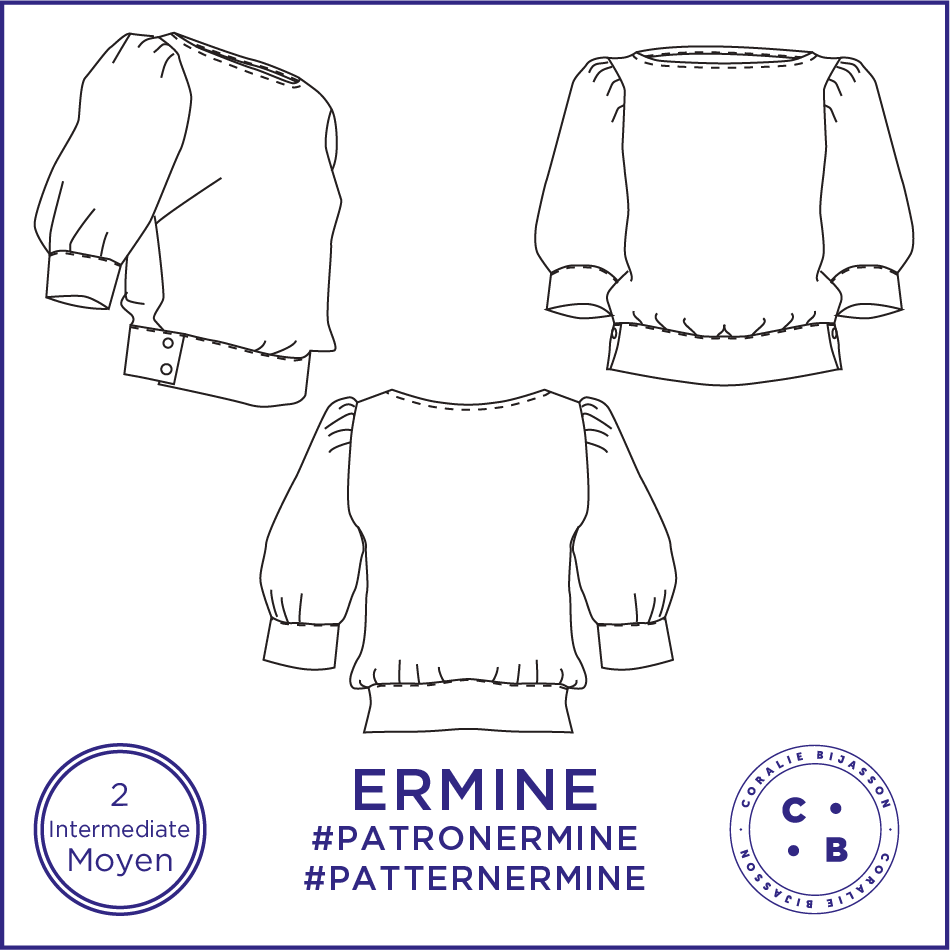 Coralie Bijasson – Kit de costura artesanal por atacado – Molde Ermine - Blusa com mangas largas estilo balloon - tamanhos 34 a 4815