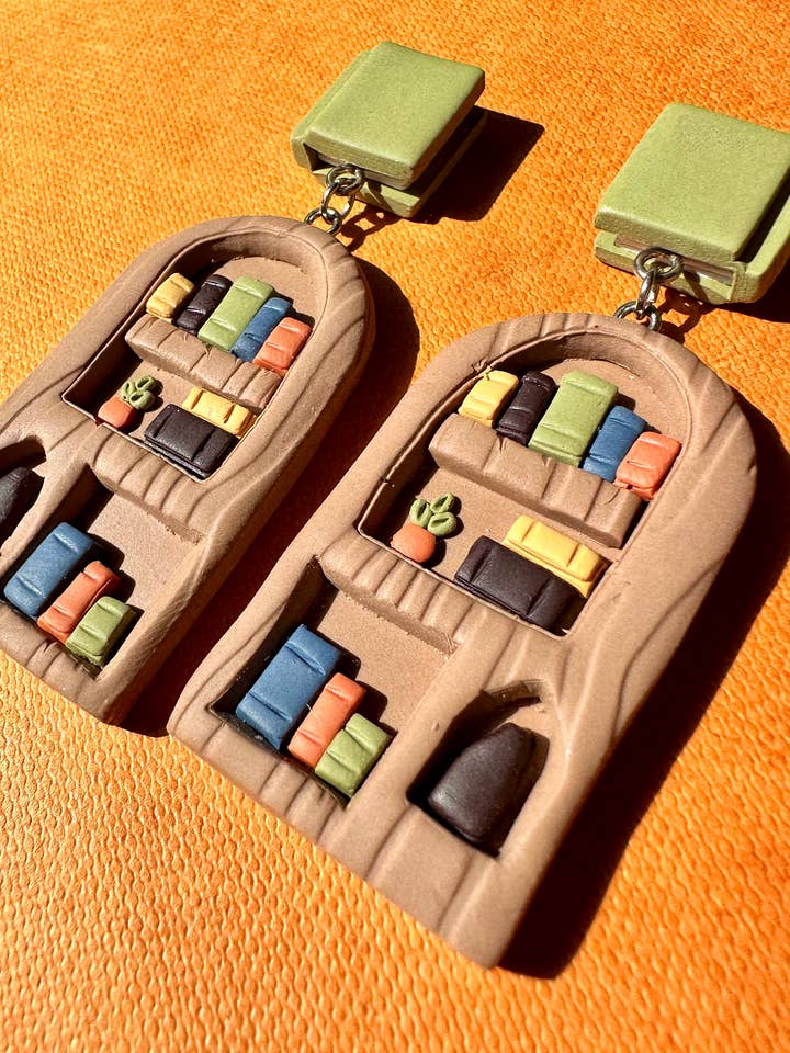 Book shelf statement dangle earrings for wholesale by She makes clay