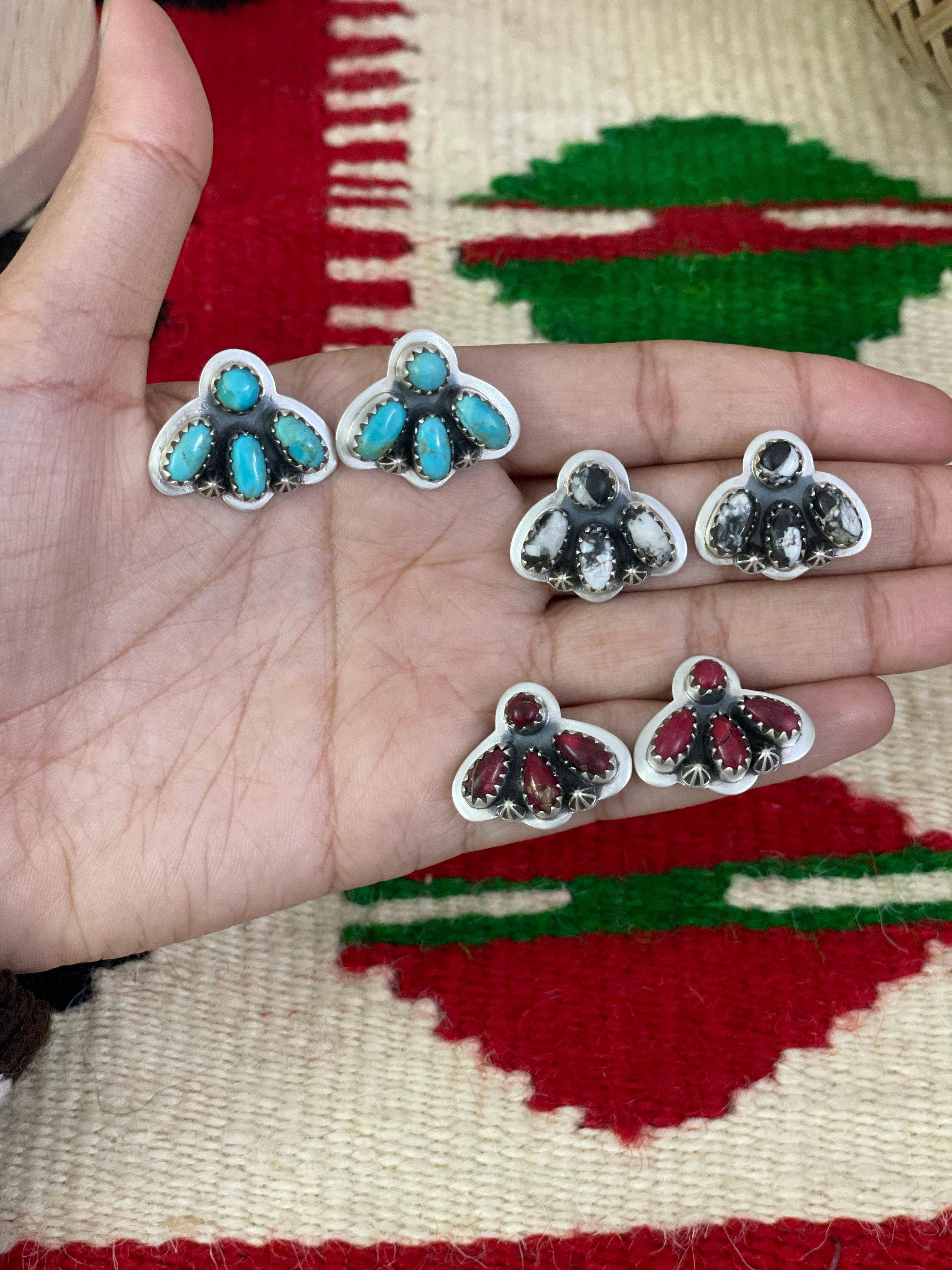 Nizhonitradersllc - Wholesale Stud/Post Earrings - Handmade Sterling Silver Red Rose Dahlia, White Buffalo, Kingman Turquoise Post Earrings, Signed Nizhoni2