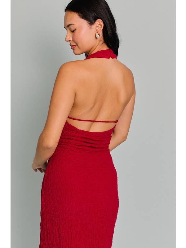 Burgundy HALTER NECK TEXTURED MIDI DRESS WITH ADJUSTABLE STRAP for wholesale on Faire