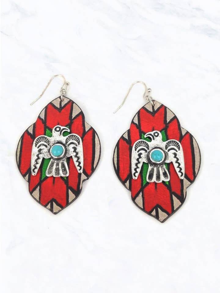 Aztec Pattern, Metal Thunderbird Leather Earrings for wholesale by Suzie Q USA