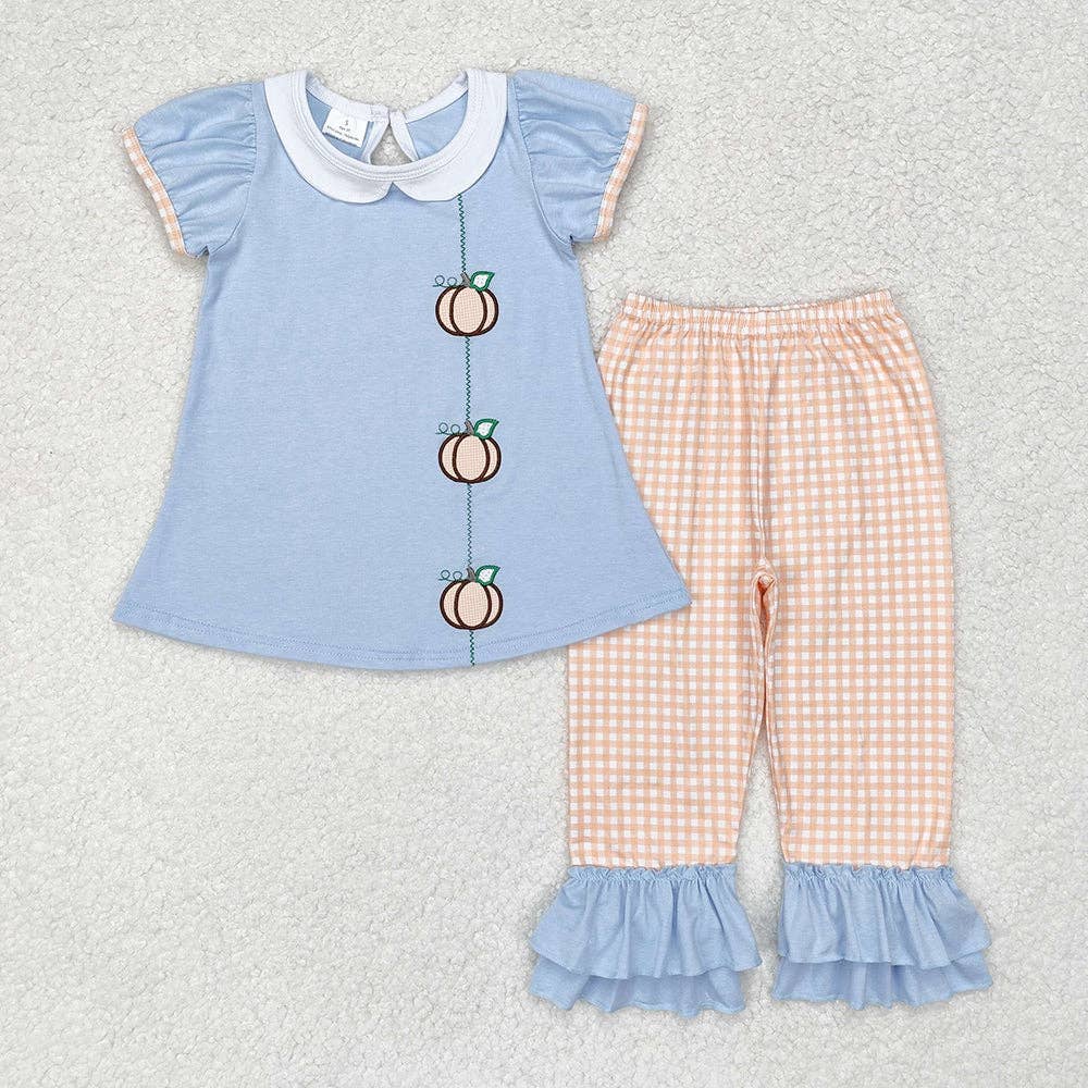 Aier Wholesale - Wholesale Top & Pant Set - Kids - Baby Girls Embroidery Blue Pumpkins Tunic Ruffle Pants Clothes Sets0