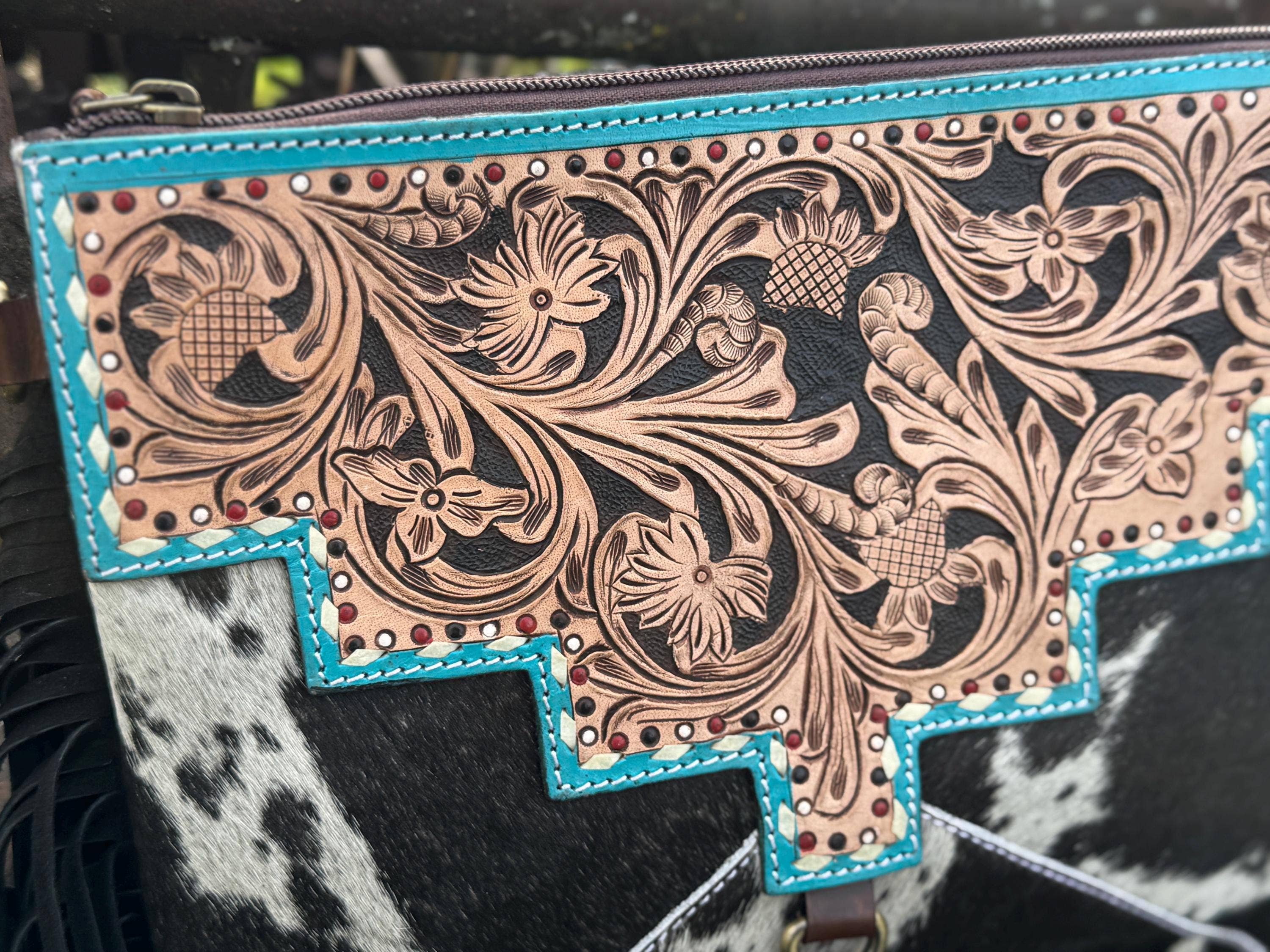 Double B Wild Rags - Wholesale Crossbody Bag - Women's - Black and Turquoise Genuine Western Cowhide Leather Purse with fringe by Double B Wild Rags4