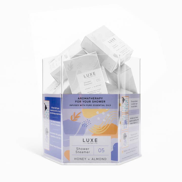 Cait + Co - Wholesale Display Case - Luxe Shower Steamer Hexagon Display with signs - Empty8