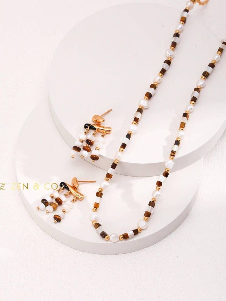 Pendientes colgantes de piedra ojo de tigre JIYA y collar de cuentas para venta al por mayor de ZEN&CO Studio