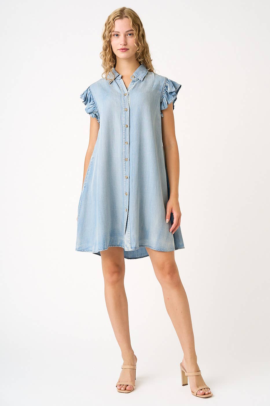 mittoshop - Wholesale Dress - Women's - WASHED CHAMBRAY RUFFLE SLEEVE BUTTONED MINI DRESS4