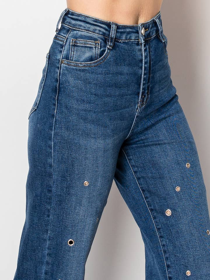 D53 - Eyelets Embellished wide leg blue denim jeans for wholesale by Nina Rossi Jeans