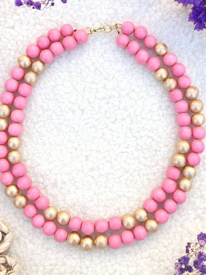 Multiple color wooden beaded statement necklace lightweight for wholesale by April Mae Designs