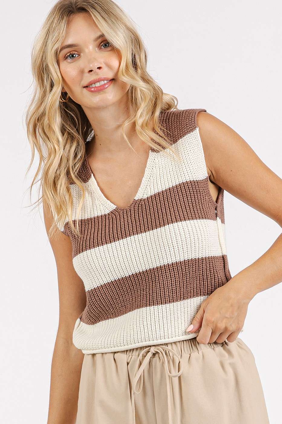 mittoshop - Wholesale Sweater Vest - Women's - STRIPED V-NECK CROPPED SWEATER VEST TOP23