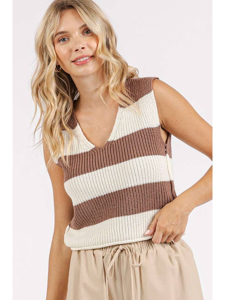 mittoshop - Wholesale Sweater Vest - Women's - STRIPED V-NECK CROPPED SWEATER VEST TOP23