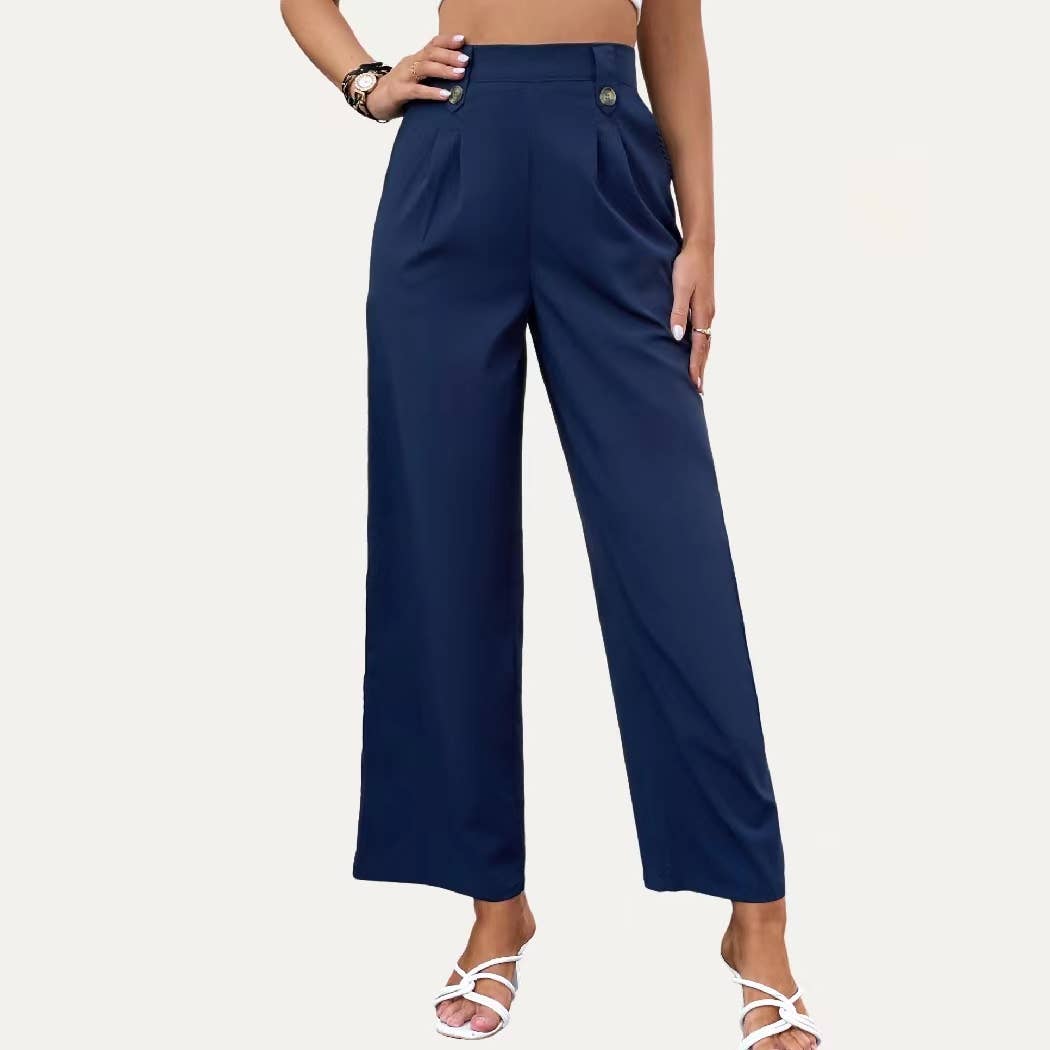 Bleu Marine Pantalon taille haute bleu marine à jambes larges en vente sur Faire10