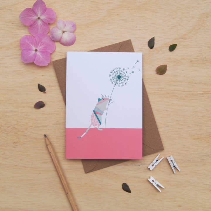 Mouse Greetings Card - Dandelion Card - Mouse Lover Card for wholesale by Lucy Alice