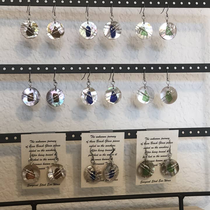 Essence of Fire & Sea - Wholesale Dangle Earrings - Beach Glass / Sea Glass on Abalone Earrings3