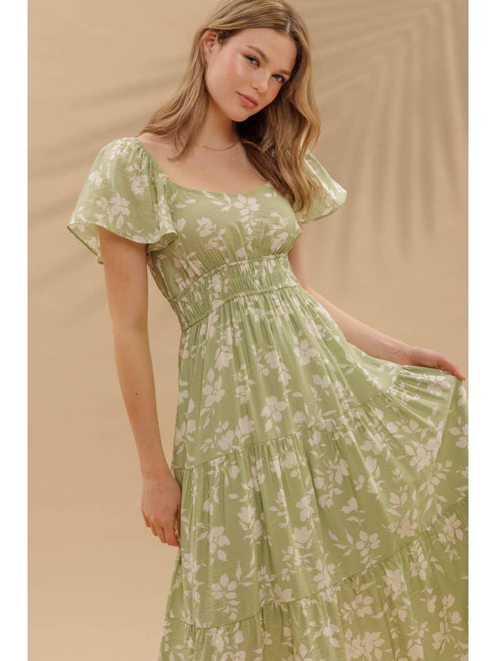 Blu Pepper - Wholesale Dress - Women's - FLORAL SCOOP NECK FLOUNCE SLEEVE TIERED MIDI DRESS