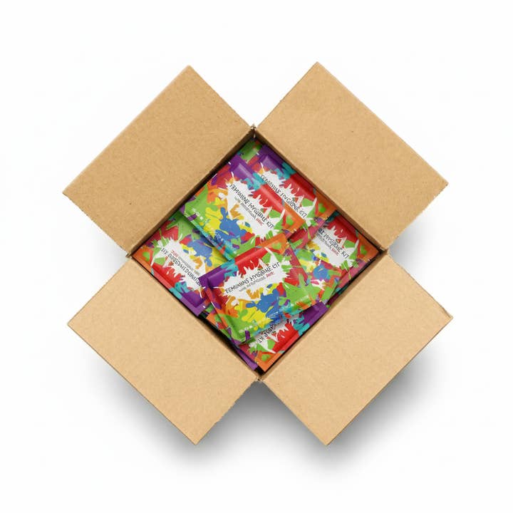 Menstruationsskive-sæt med bind, servietter og håndsprit – Kompakte menstruationsnødvendigheder til rejsen (Paint Splash) for engroshandel hos Kit U Safe