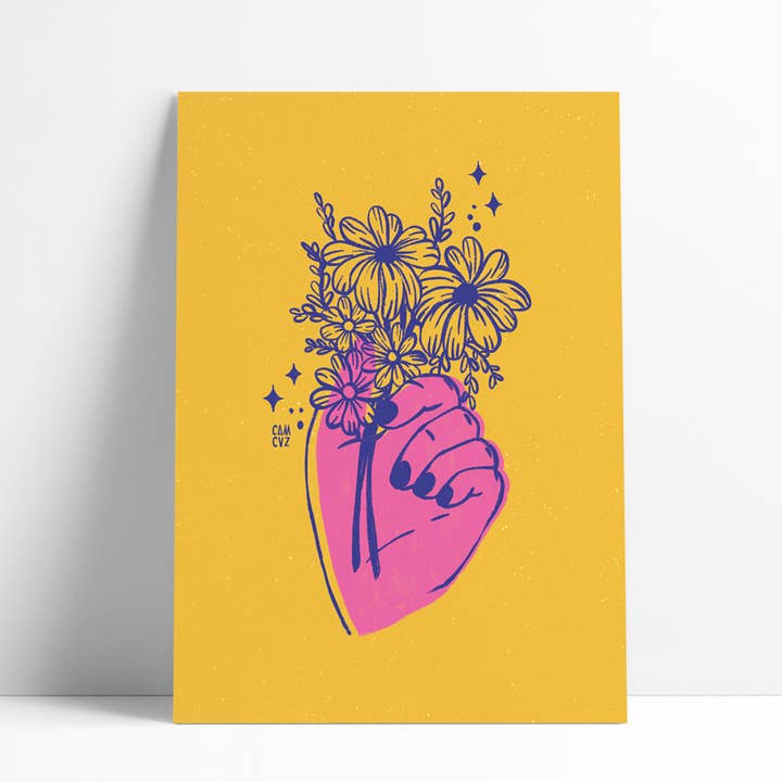 Éclosion | yellow and pink poster, flowers, decorative woman's hand for wholesale by Camille Cauvez illustration et papeterie