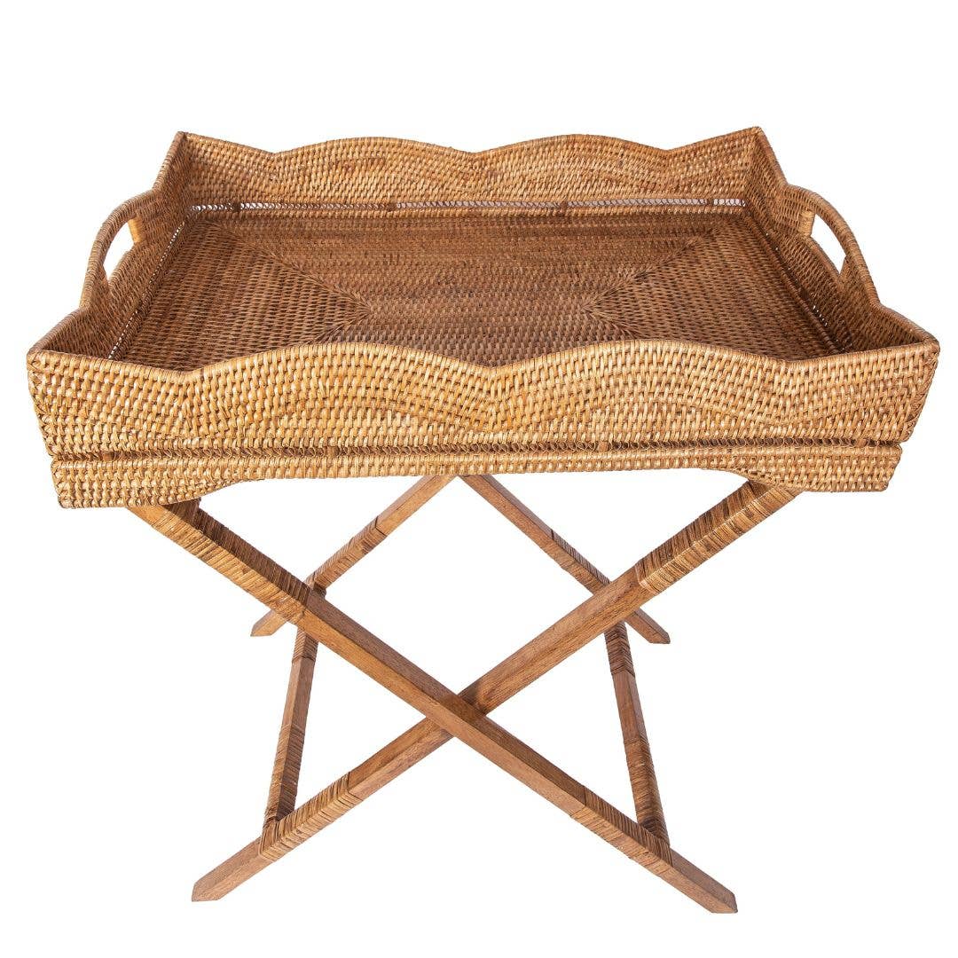 Artifacts Trading Company - Wholesale Patio Table - Rattan Scallop Butler Tray: Folding Wooden Legs3