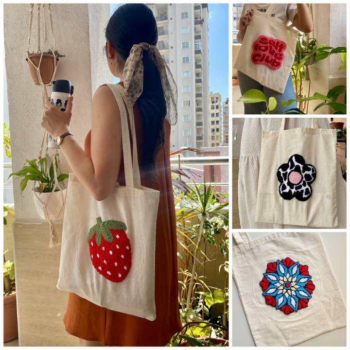 Handmade Cute Punch Needle Tote Bag, Embroidered Shopper for wholesale by youngpee