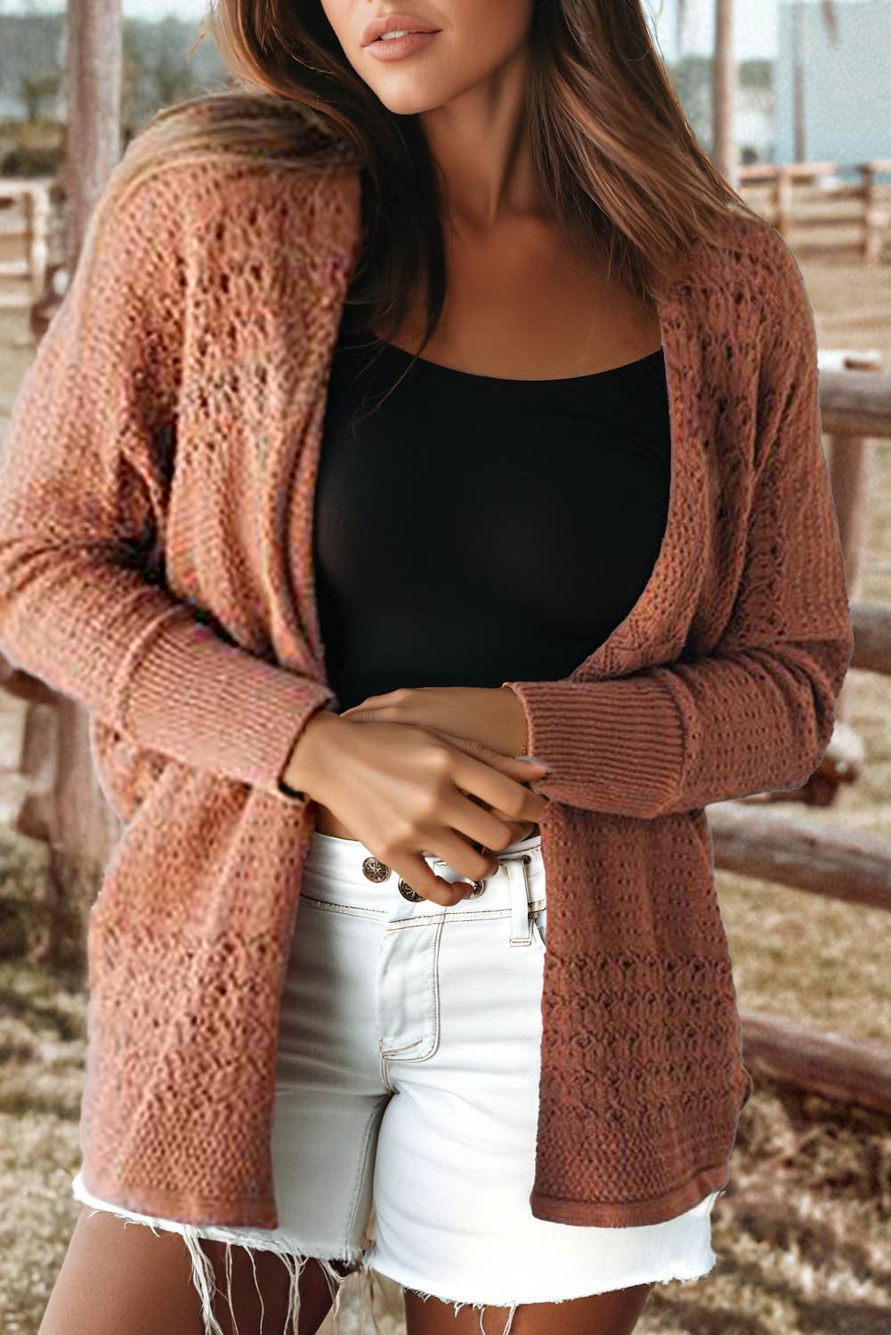 fashionworks - Wholesale Cardigan - Women's - Fashion-W Mix Pattern Hollowed Knit Open Front Cardigan2