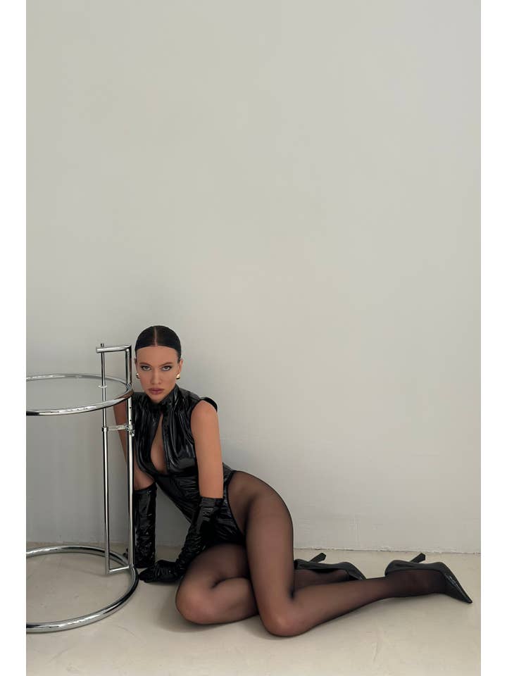 Devils Boutique - Wholesale Bodysuit - Women's - Sexy Black Vinyl Bodysuit High Cut Faux Latex PVC Zip Linger5