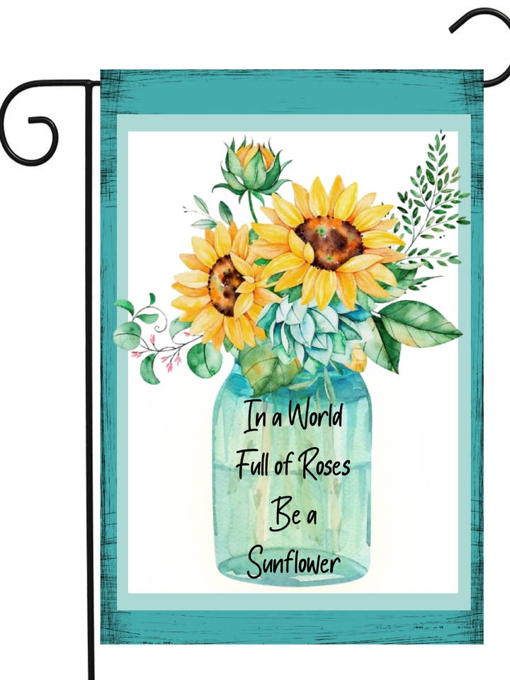 Blue Ball Jar with Sunflowers Garden Flag for wholesale by Happy Cow Lawn Decor