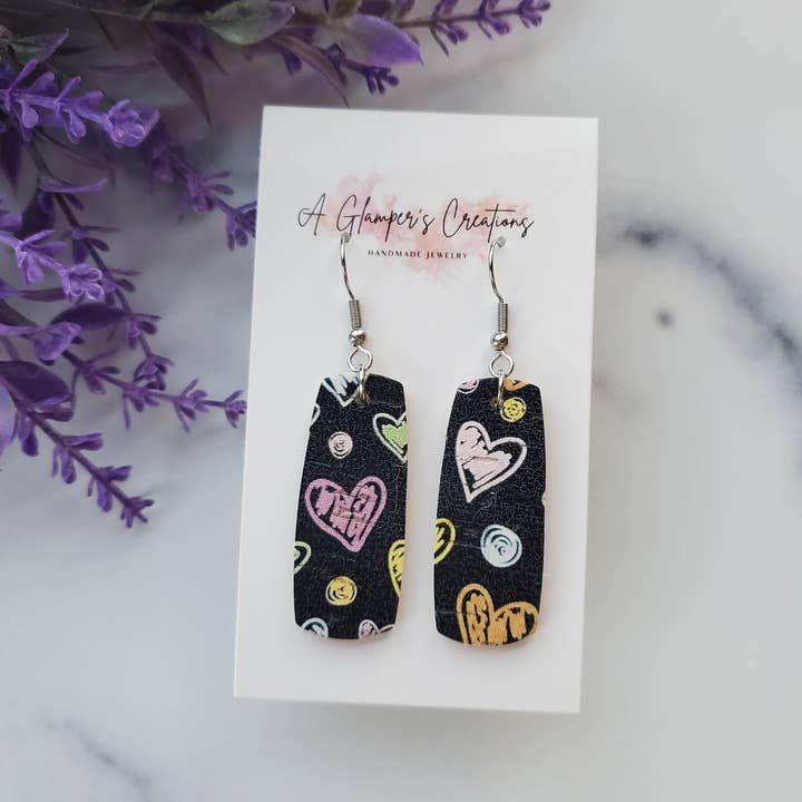Colorful Hearts on Black Mini Bar Leather Earrings for wholesale by A Glamper's Creations LLC
