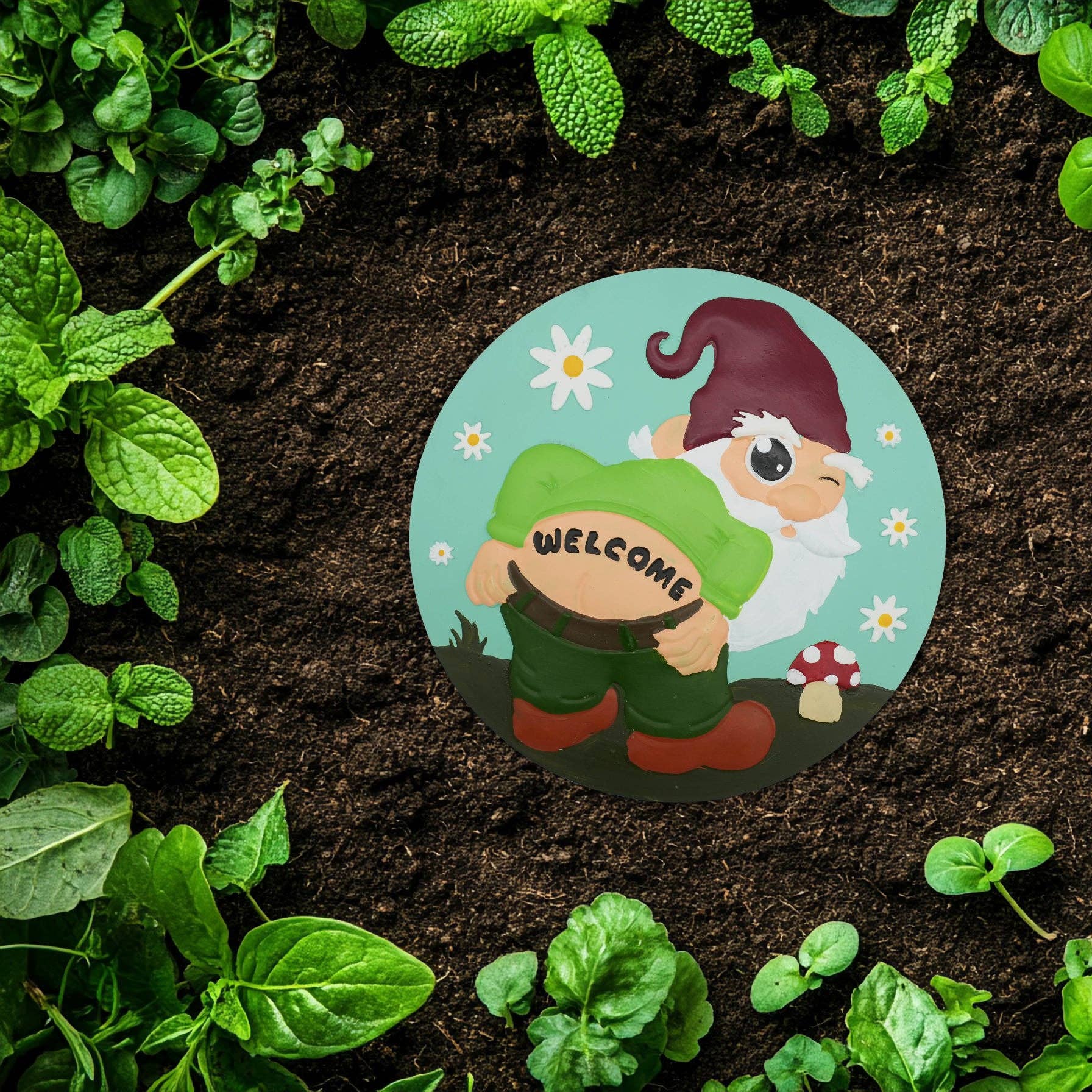 Happy Cow Lawn Decor - Wholesale Stepping Stone - “Welcome” Mooning Gnome Garden Stepping Stone
