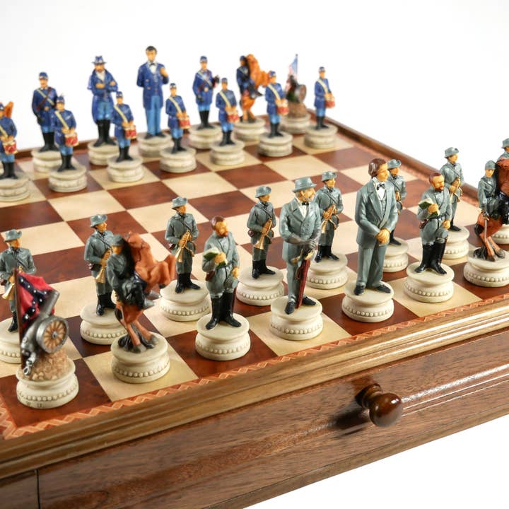 WorldWise Imports - Wholesale Board Game - Chess Set - Civil War Resin Chessmen on Walnut/Maple Chest1