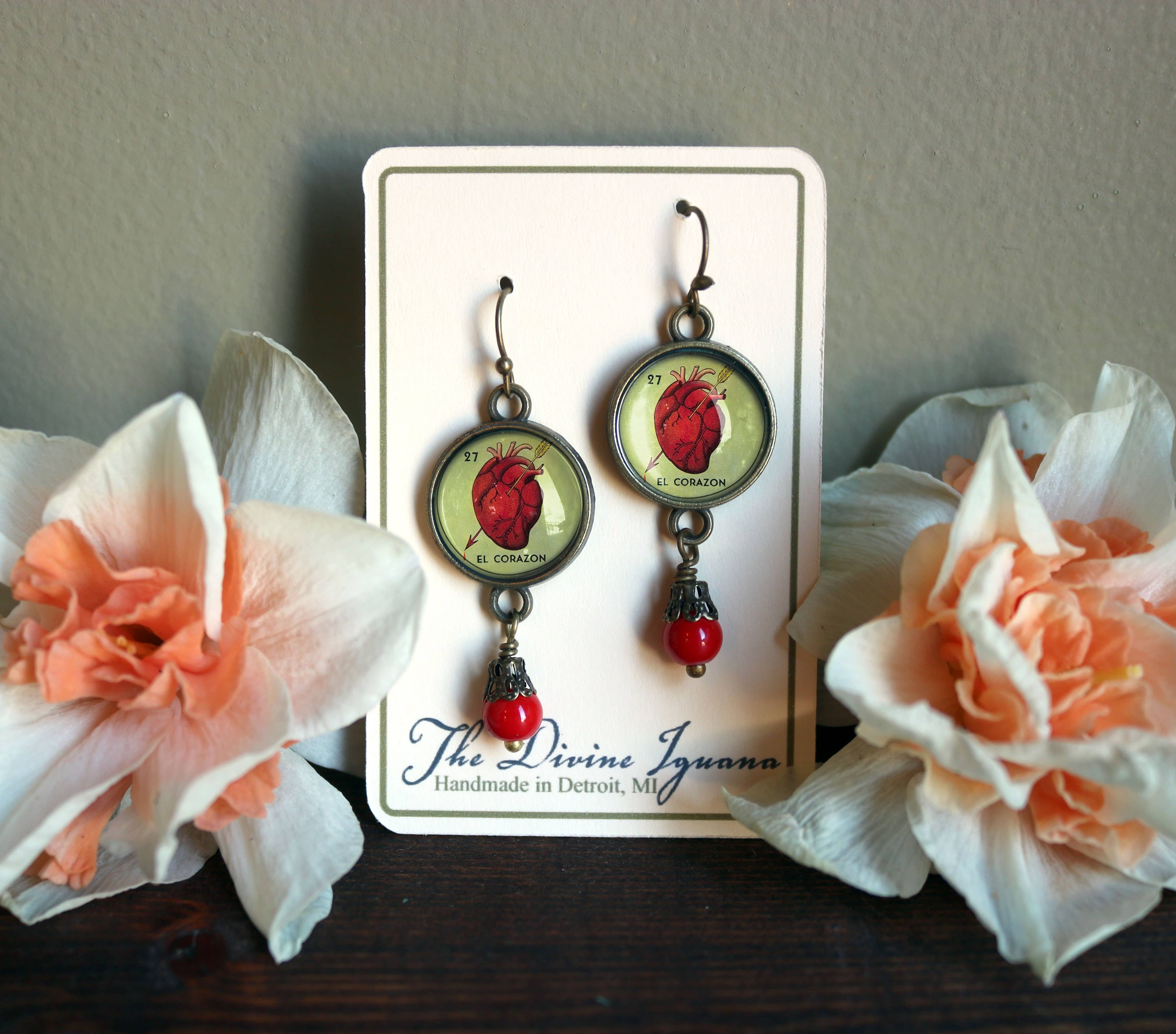 The Divine Iguana - Wholesale Dangle Earrings - Loteria El Corazon Heart Glass Cabochon Earrings2