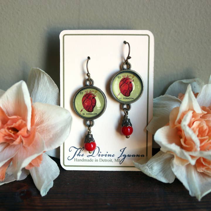 The Divine Iguana - Wholesale Dangle earrings - Loteria El Corazon Heart Glass Cabochon Earrings2