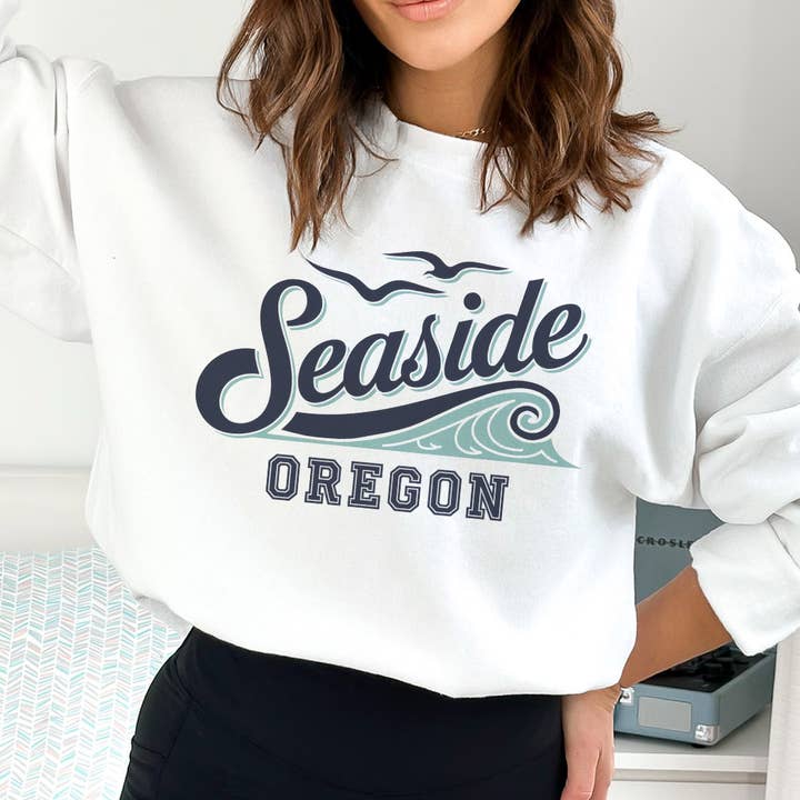 WhiteWolfeDesign - Wholesale Graphic Sweatshirt - Women's - Seaside Oregon Crewneck Sweatshirt