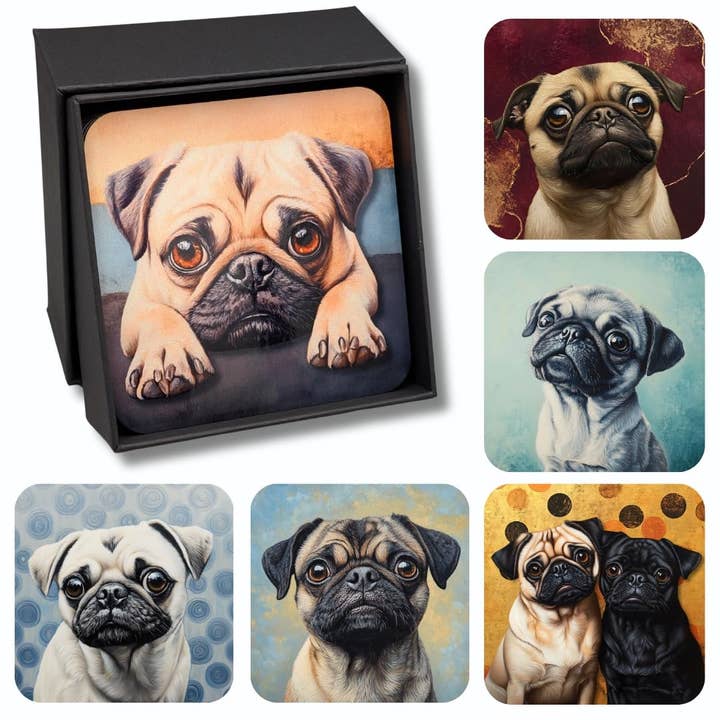 Barkers & More Art Deco Pug Coasters 6 Different Designs Incl Gift Box Idea for Pug Dog Lovers Suitable for Christmas Birthday Mothers Fathers Day Thank You Gesture for wholesale by OfficeGear