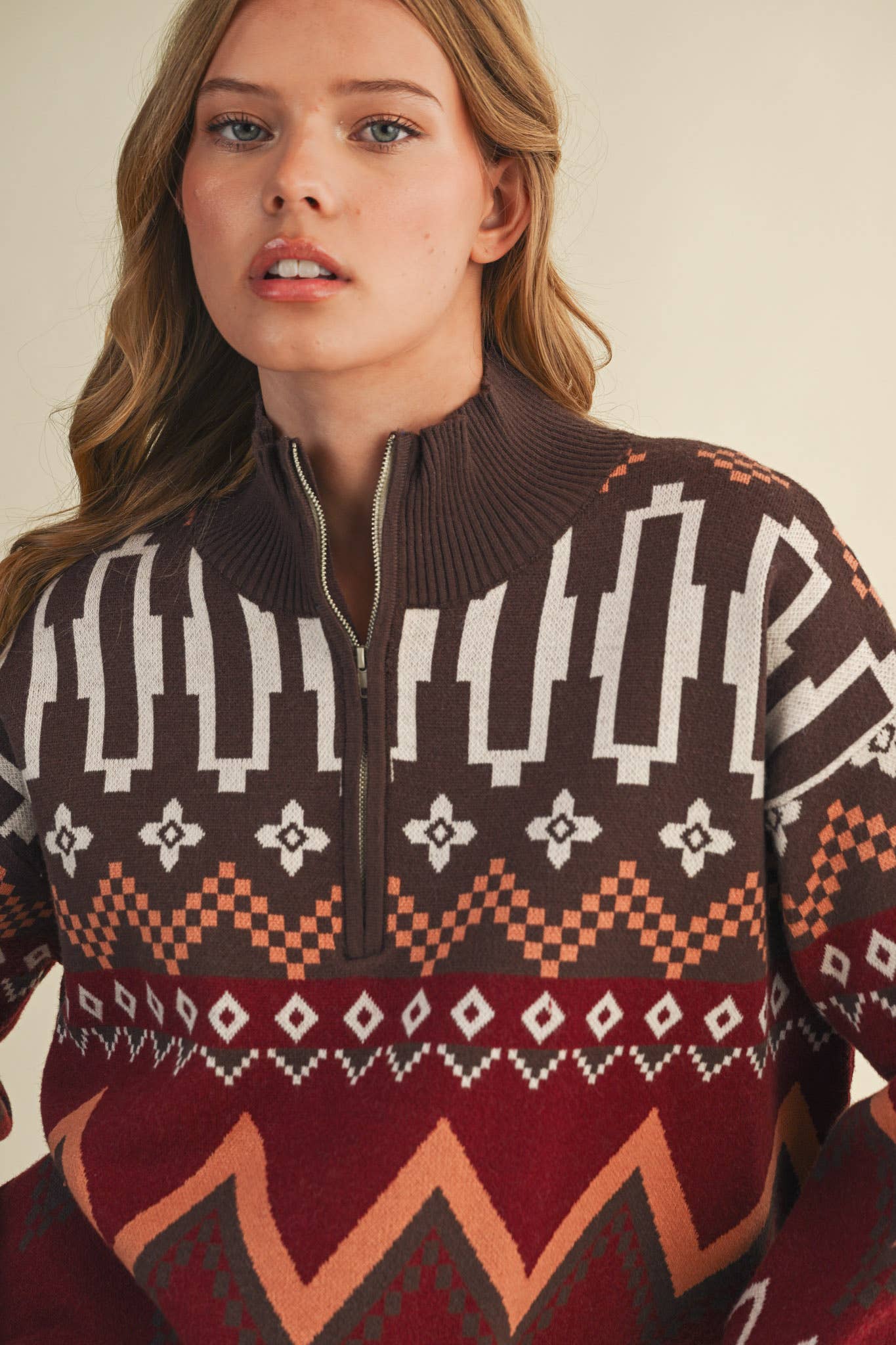 Burgundy Multi GEOMETRIC KNIT MOCK NECK HALF ZIP PULLOVER SWEATER MSW10885 for wholesale on Faire8