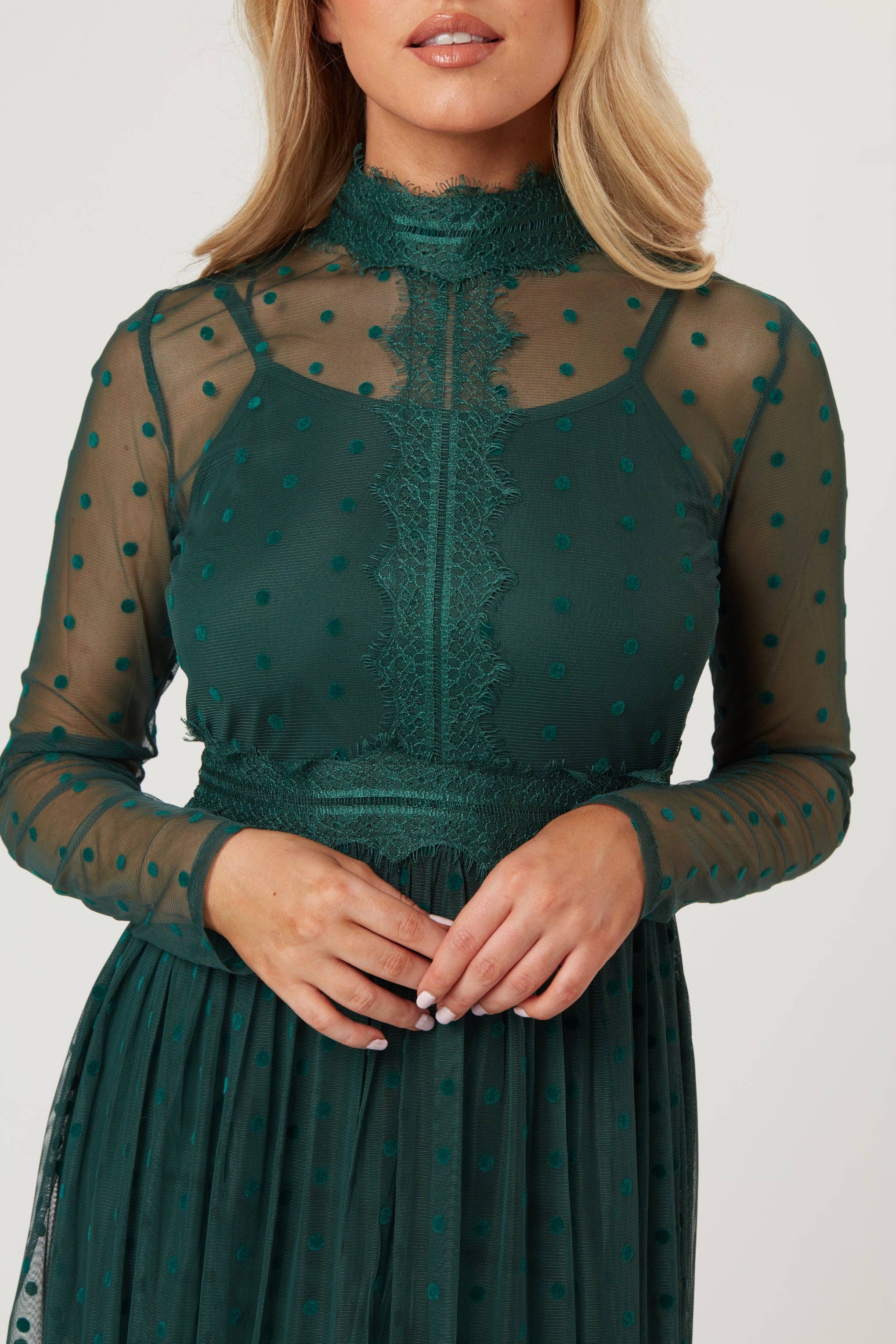 Roman Lola Polka Dot Tulle Midi Dress in Green for wholesale on Faire1
