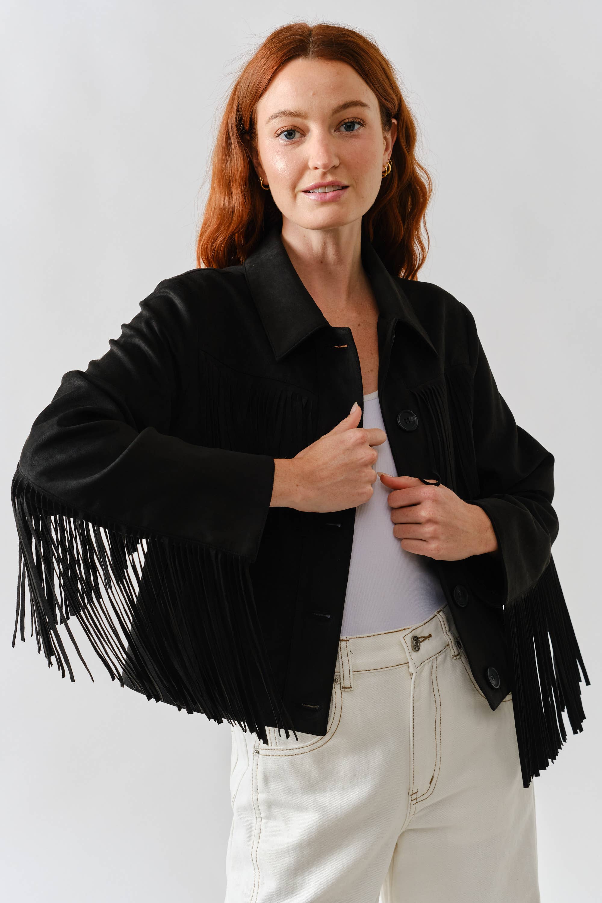 Aaron & Amber - Wholesale Leather Jacket - Women's - MAJ3277 FAUX SUEDE FRINGE JACKET0