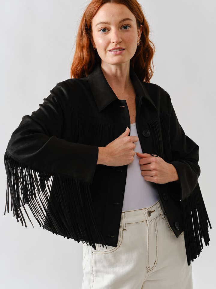MAJ3277 FAUX SUEDE FRINGE JACKET for wholesale by Aaron & Amber