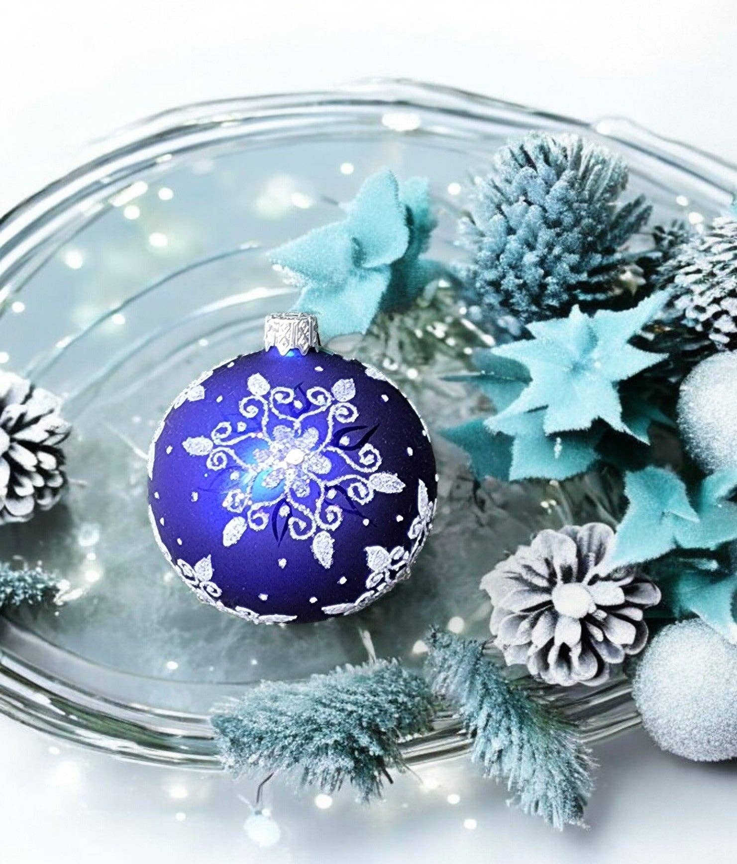 Glass by Iness - Wholesale Ornament - Blue Blown Glass Ornament - Handcrafted - Fancy Snowflake Design1