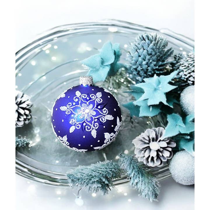 Glass by Iness - Wholesale Ornament - Blue Blown Glass Ornament - Handcrafted - Fancy Snowflake Design1