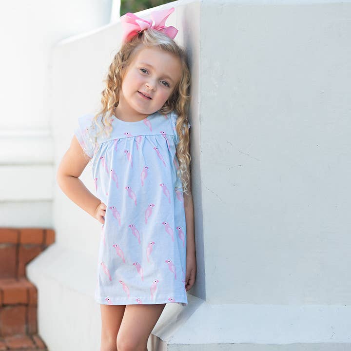 Blue & Pink Parrot Pink Kid's Dress for wholesale by The Oaks Apparel Company